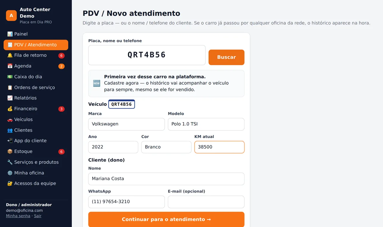 Cadastro do veículo
